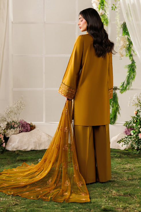 Back standing view of NAQSHI Eda outfit showing straight shirt fall, loose sleeves, and flowing net dupatta