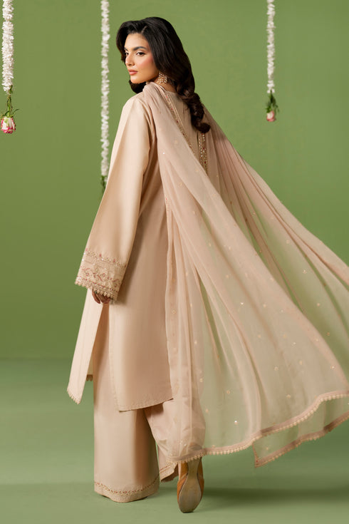 Back view of NAQSHI Seema outfit showing 3-panel lawn shirt fall and flowing crinkle dupatta