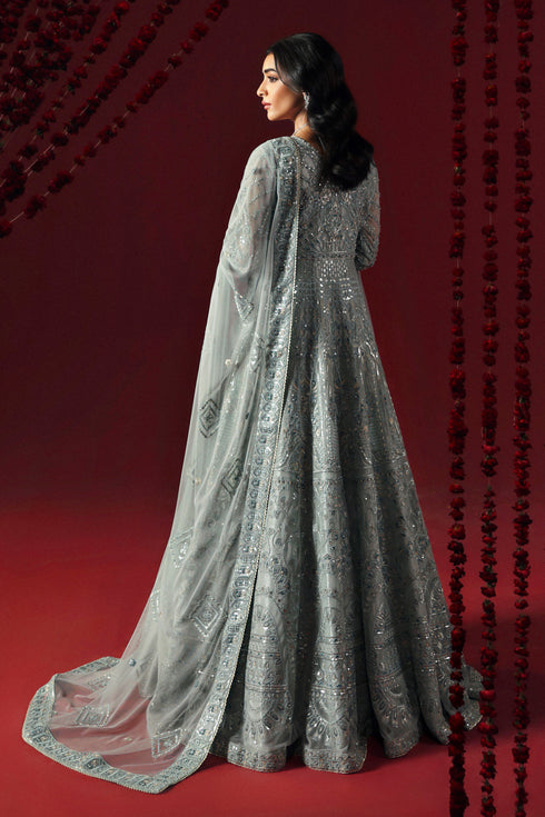 NAQSHI Satayesh aqua net formal gown with adda-embroidered bodice, sequin-embroidered sleeves and raw silk trousers
