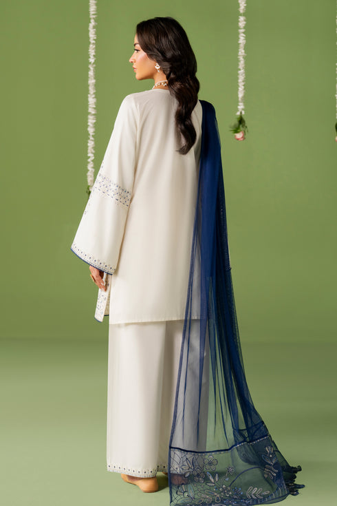 Back view of NAQSHI Kinza outfit showing straight lawn shirt fall and long blue net dupatta drape