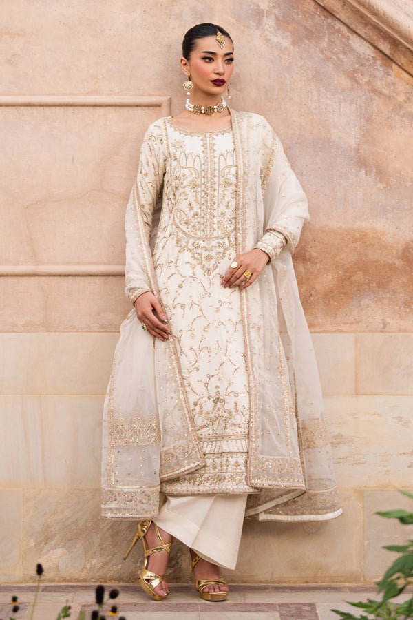 NAQSHI Gul-e-Rohma front view – beige raw silk shirt with floral jal neckline, adda embroidery, sequins shimmer