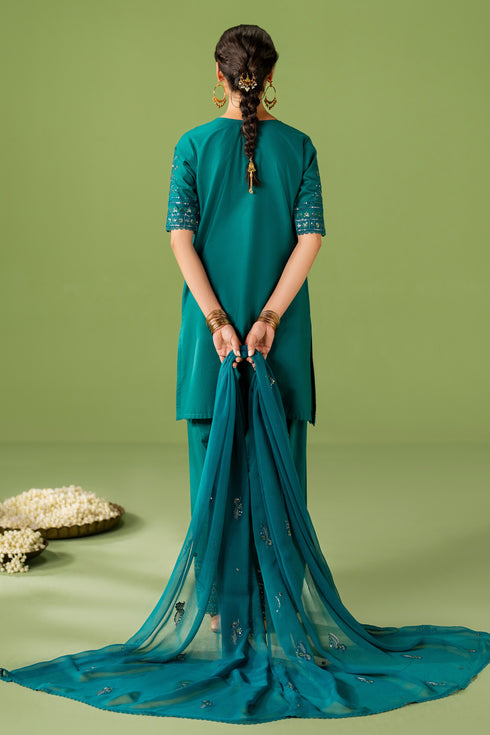 Back view of NAQSHI Ruhab outfit showing straight 3-panel lawn shirt fall and flowing crinkle dupatta