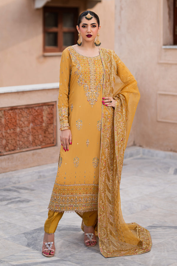 NAQSHI Gul-e-Yusra front view – mustard raw silk shirt with adda embroidery, sequins, and organza dupatta