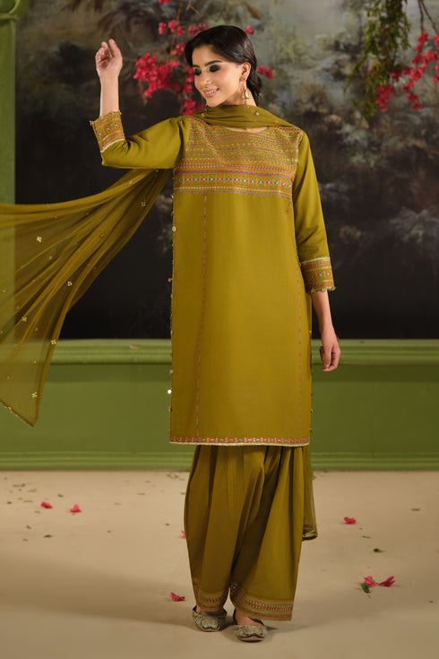 NAQSHI Umeed olive three piece outfit showing net dupatta with sequin spread, embroidered shirt neckline, and straight shirt silhouette
