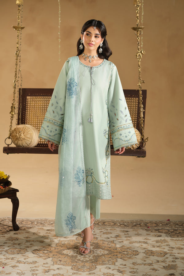 Kiswa 3 piece ready to wear Eid outfit in aqua Pima lawn shirt with adda work neckline embroidery, cambric trousers and cotton net dupatta – full front look