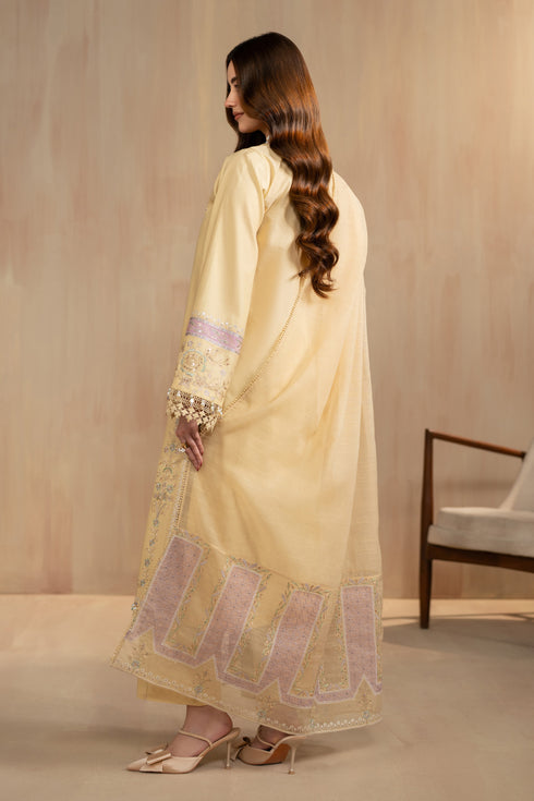 Back view of Nijah dress with soft cotton organza dupatta drape and long shirt length, stitched summer gathering attire.