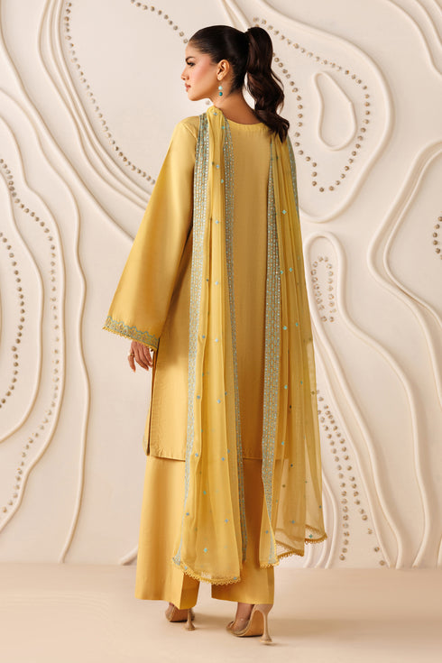 Back view of NAQSHI Mary outfit showing cambric shirt fall, fitted quarter sleeves, and flowing crinkle dupatta