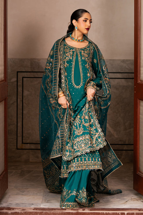 NAQSHI Gul-e-Rimal angled view highlighting adda work, layered shirt, and elegant sharara
