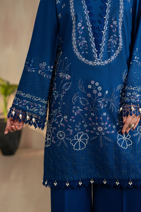 Close view of Atarah shirt embroidery and front panel detailing with neat daman border, lightweight embroidered eastern wear.