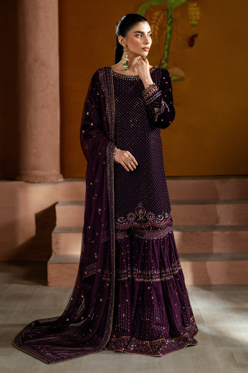 Woman in a dark purple traditional outfit with intricate designs standing on steps.