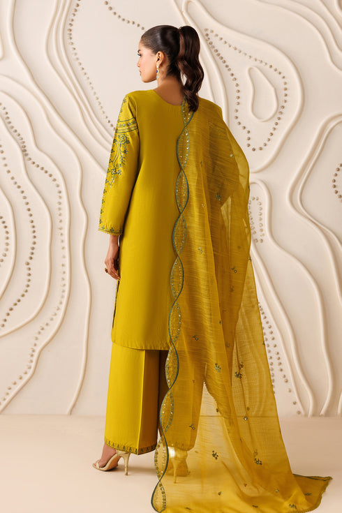 Back view of NAQSHI Evara outfit showing cambric shirt fall, embroidered dupatta borders, and clean straight trouser cut