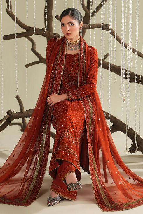 Rust orange formal 3 piece outfit with embroidered long shirt, PK raw silk culotte, and bordered dupatta, complete event wear look
