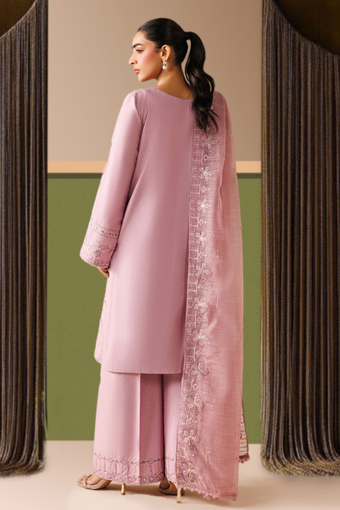 Back standing view of NAQSHI Alvin outfit highlighting clean shirt cut, embroidered borders, and relaxed culotte trousers