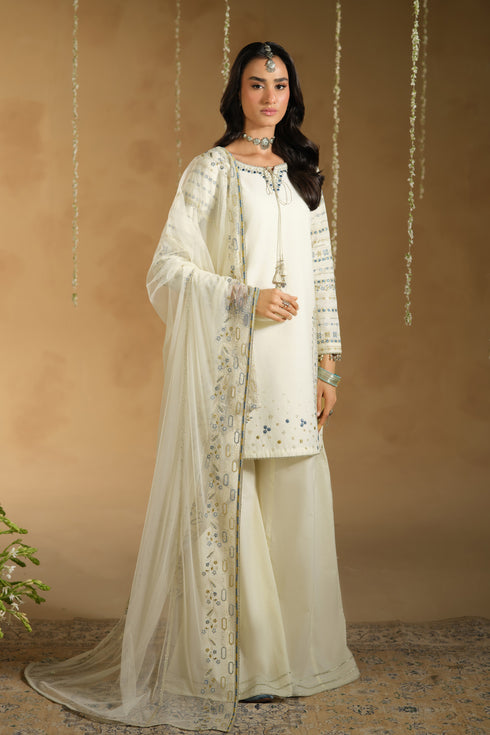 Front standing pose of Konain Eid outfit highlighting embroidered neckline and airy net dupatta drape