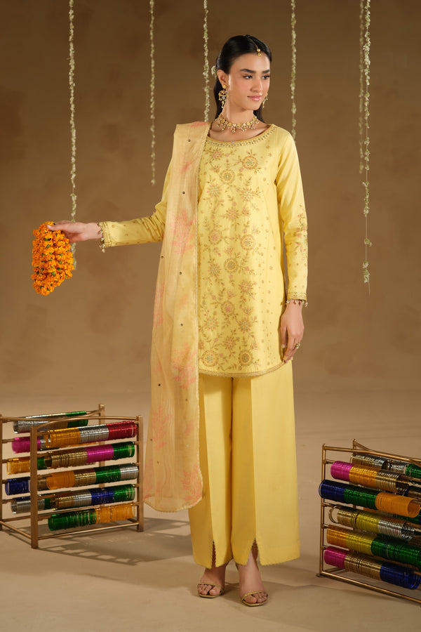 Aahal 3 piece ready to wear Eid outfit in yellow Pima lawn embroidered shirt with cambric culottes and printed cotton net dupatta – full front look