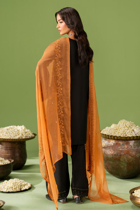 Back view of NAQSHI Isma outfit showing straight lawn shirt fall and contrasting crinkle dupatta