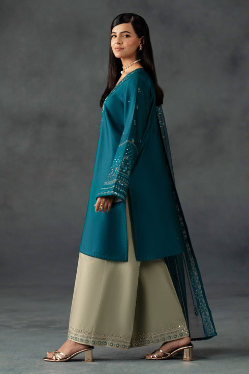 Areeb by NAQSHI angled view showing embroidered border detail and sequin embellishments