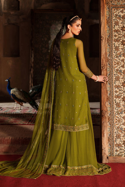 Woman in a green traditional outfit standing in a doorway with peacocks in the background.