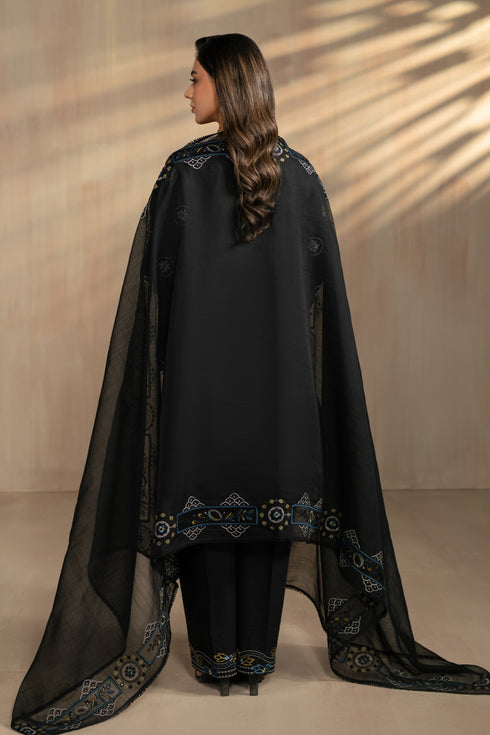 Back view of Hazeem dress showing sheer cotton organza dupatta fall and clean long shirt length, modest ready to wear gathering wear.