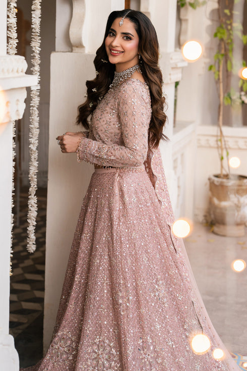 Woman in a sparkling pink traditional outfit standing indoors with decorative lights and plants.
