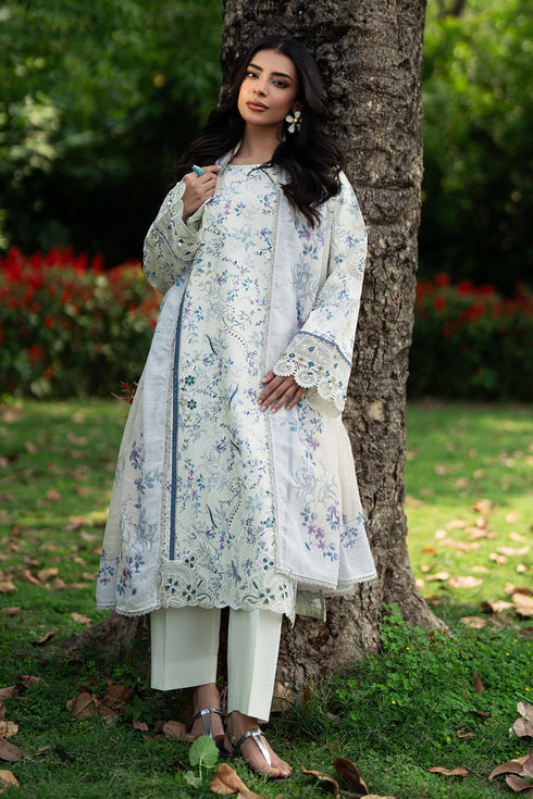 Front full look of Jaizah off white embroidered lawn outfit with soft digital print, clean neckline and straight fall design