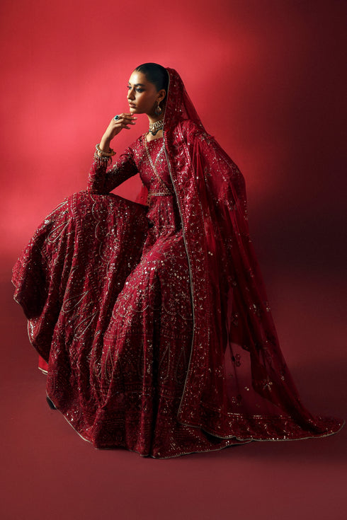 NAQSHI Zilly red tasseled dupatta with lace border, adda detailing and delicate embroidery finish