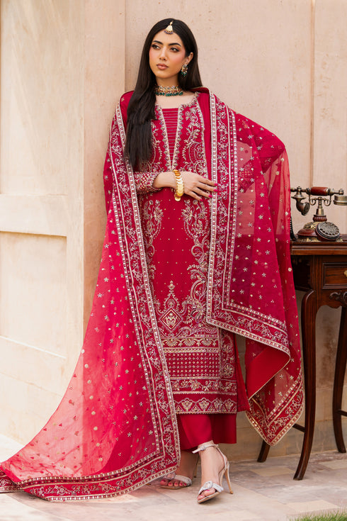 NAQSHI Gul-e-Zeenat front view – red raw silk outfit with heavy adda embroidery, sequins, and organza dupatta