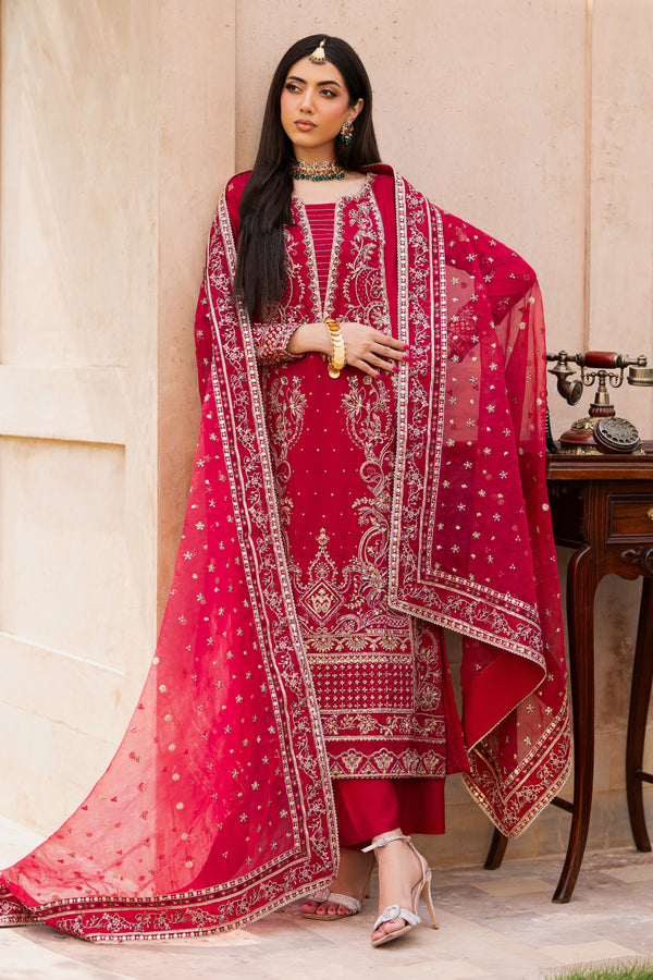 NAQSHI Gul-e-Zeenat front view – red raw silk outfit with heavy adda embroidery, sequins, and organza dupatta