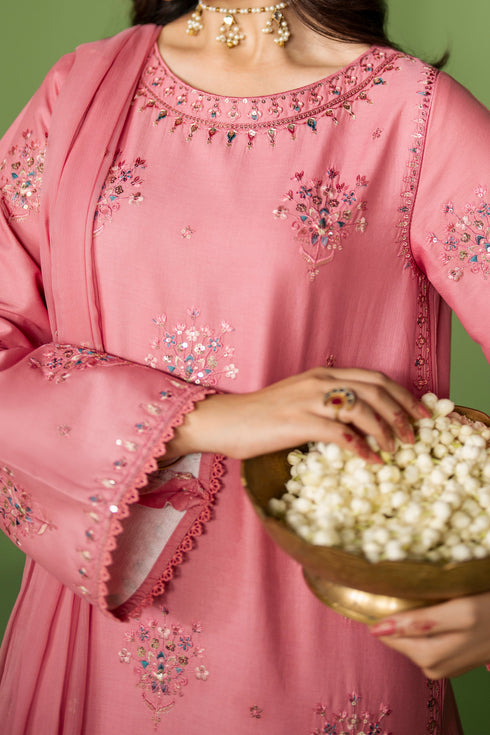 Close-up of NAQSHI Saima shirt showing boat neckline embroidery and front motif detailing