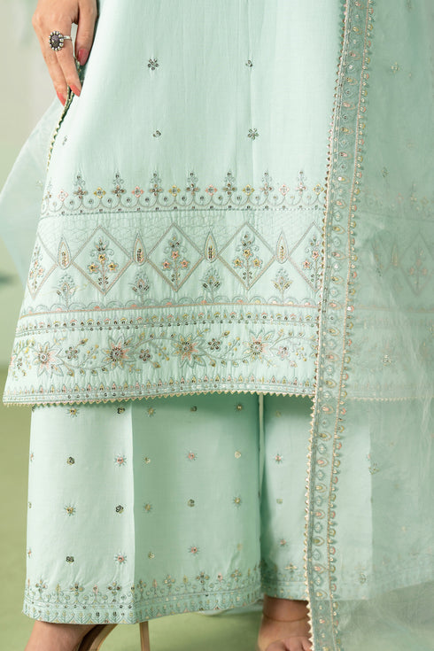 Light green embroidered traditional outfit with intricate patterns