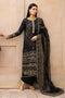 NAQSHI Gul-e-Tesnim front view – black raw silk shirt with hand-embroidered adda neckline, resham, and sequins