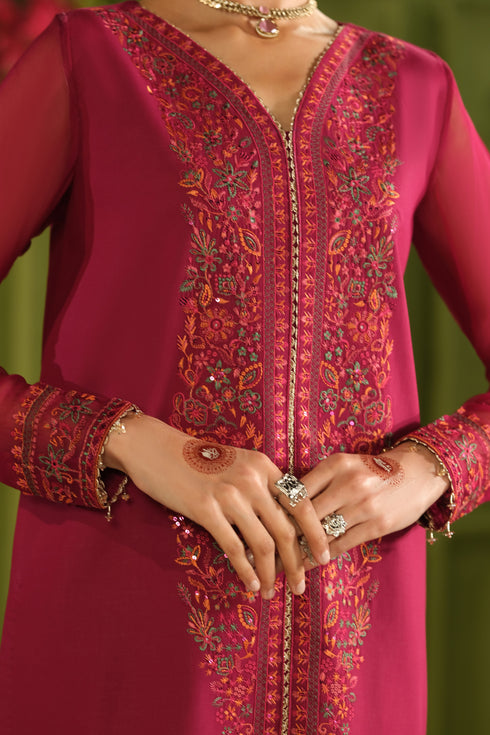 NAQSHI Parwaaz maroon ready to wear festive outfit with embroidered shirt, culotte trousers, and crinkle dupatta