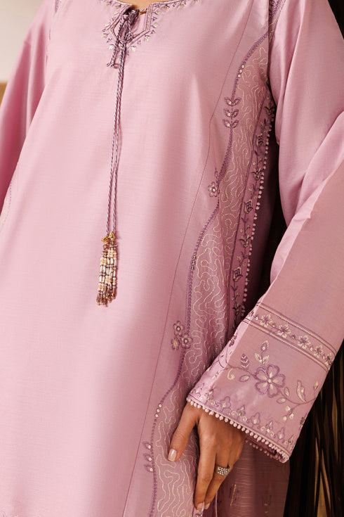 Close-up of NAQSHI Alvin cambric shirt showing round neckline with tassels, all-head embroidery, and neat finishing