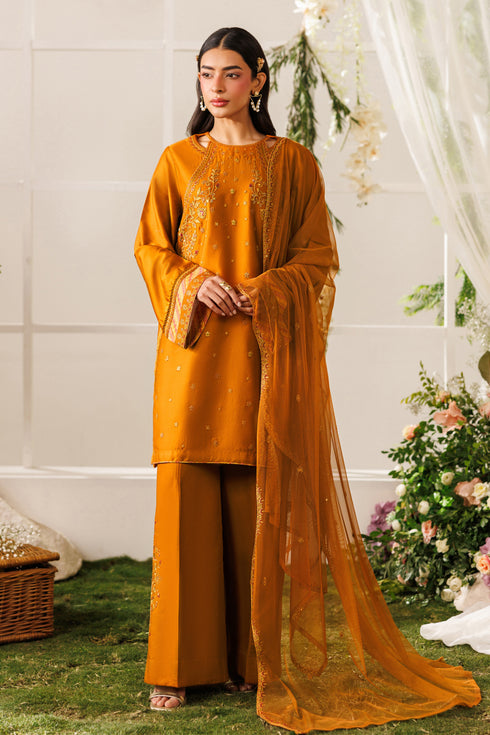 Full front standing view of NAQSHI Mohib outfit showing rust cotton satin shirt and wide embroidered culotte trousers