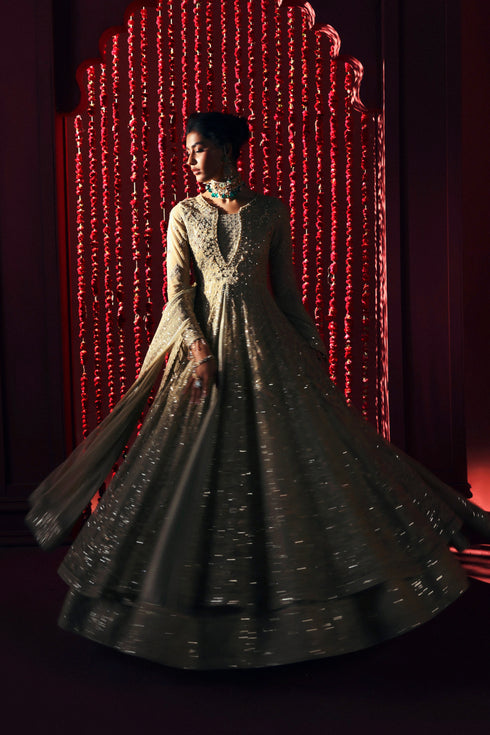 NAQSHI Saleha dupatta with broad lace-bordered edge and delicate embroidery in skin tone