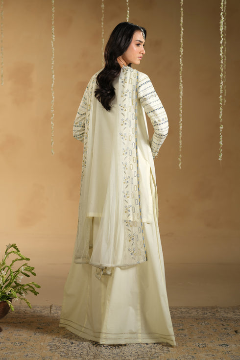 Side angle of Konain ready to wear outfit with flowing dupatta and long shirt fall for family gatherings