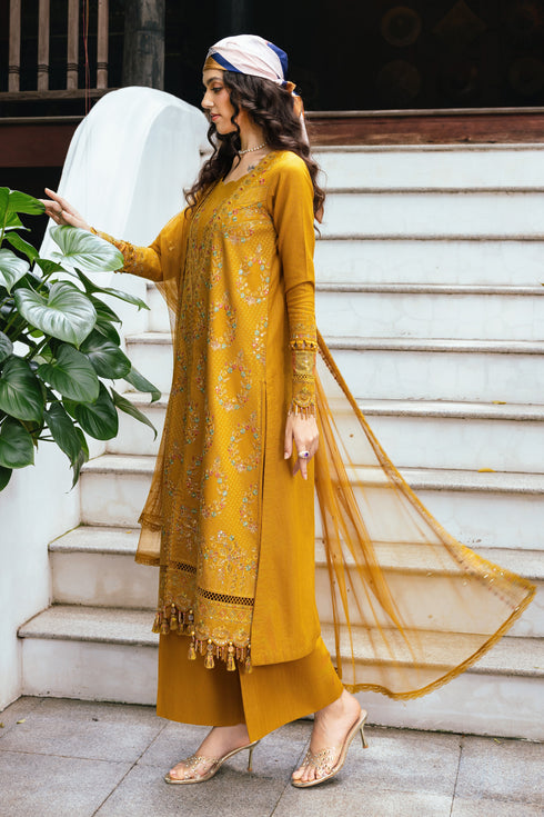 Shurooq by NAQSHI angled view showing embroidered panels, textured border detailing and shape of shirt