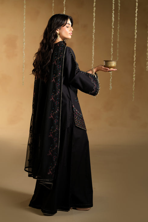 Back drape view of Lael 3 piece black dress featuring embroidered net dupatta and long shirt fall