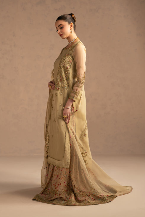 Back angled view showing movement of organza layer and structured panels, formal event ready attire.