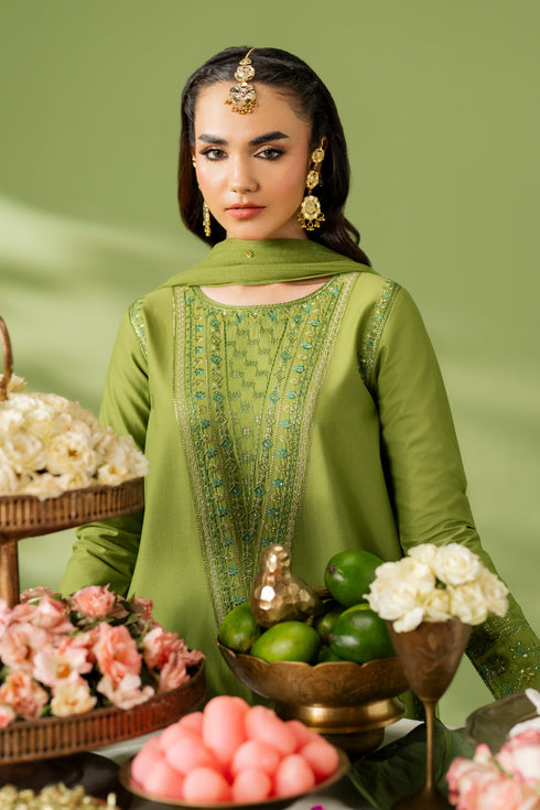 Front close-up of NAQSHI Sana shirt showing embroidered neckline with tassel detail