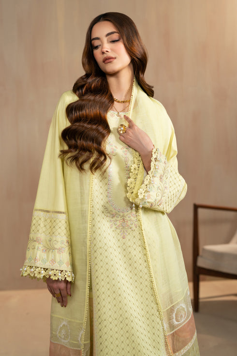 Portrait styling view highlighting round embroidered neckline and relaxed silhouette of Akasha lime lawn dress.