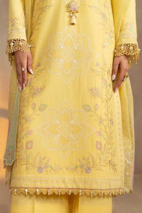 Close up of Sheiza shirt front panel embroidery and hem border detailing, floral white thread work lawn shirt.