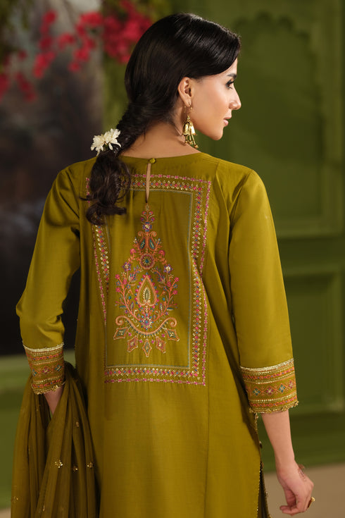 Back view of NAQSHI Umeed olive embroidered Pima lawn shirt showing decorative back motif and quarter sleeve embroidery