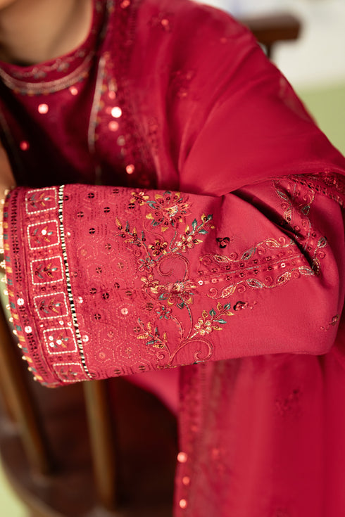 Close-up of a red embroidered garment with intricate patterns.