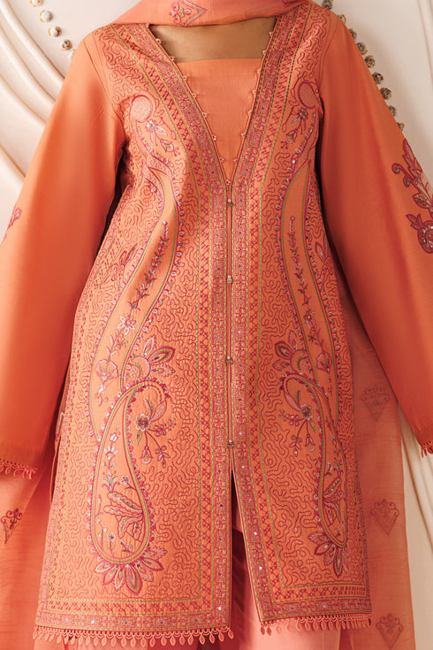 Close-up of NAQSHI Flaira cambric shirt showing panel embroidery, lace detailing, and soft peach tone