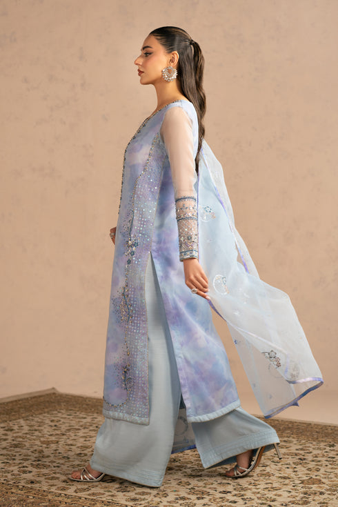 Side view showing sleeve borders and structured silhouette, ready to wear formal outfit for small wedding functions.