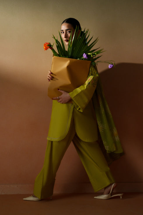 Model wearing Deniz lime embroidered ready-to-wear outfit with printed chiffon dupatta and floral styling for elegant daytime wear.