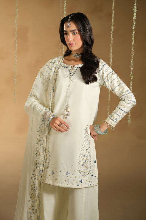 front view of Konain 3 piece dress showing clean shirt back and bordered net dupatta