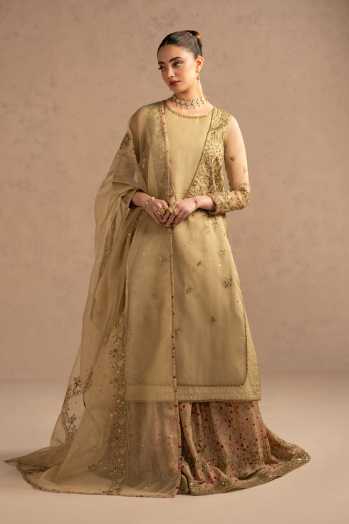 Full view showing balanced proportions of long shirt and wide sharara flare, suitable for nikkah and engagement gatherings.