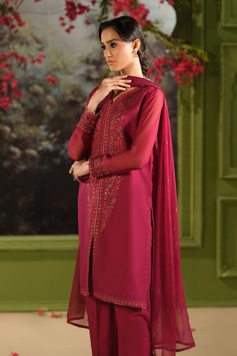 NAQSHI Parwaaz maroon ready to wear festive outfit with embroidered shirt, culotte trousers, and crinkle dupatta